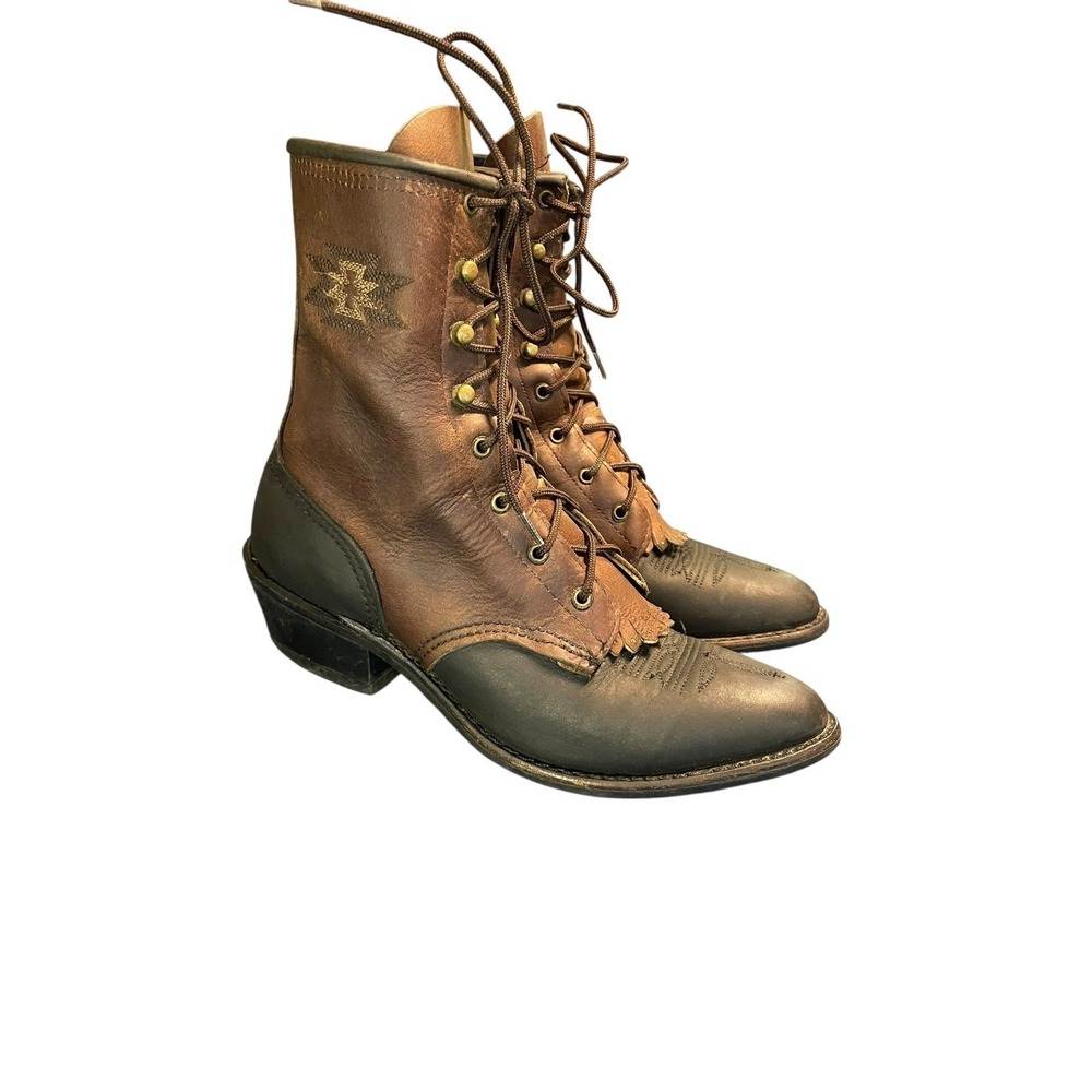 Vintage Abilene Womens Kiltie Brown Leather Boots Western Aztec Size 6.5